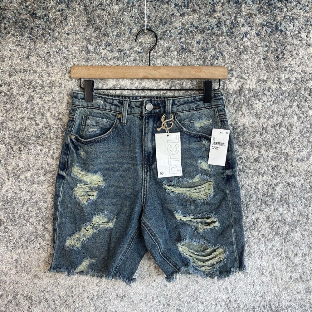 PTCL‎ Ripped Mid Thigh Denim Cotton Shorts Tint Wash Size 25